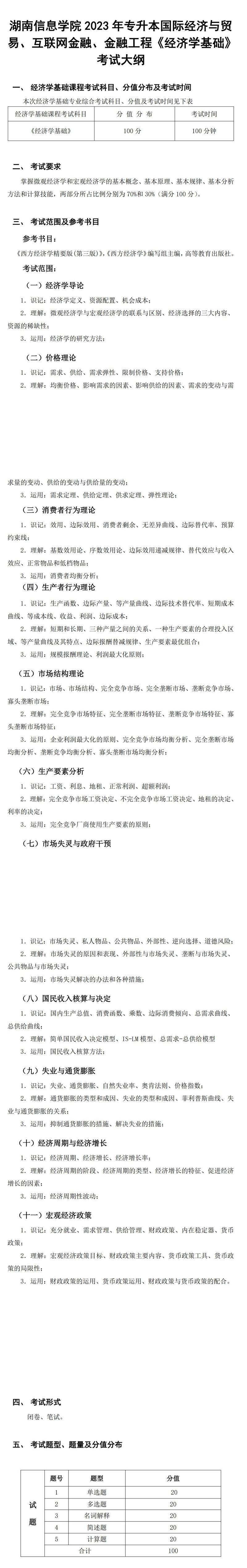 2023年湖南信息学院专升本互联网金融专业《经济学基础》考试大纲(图1)