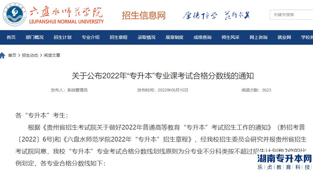 2022年六盘水师范学院统招专升本专业考试合格分数线