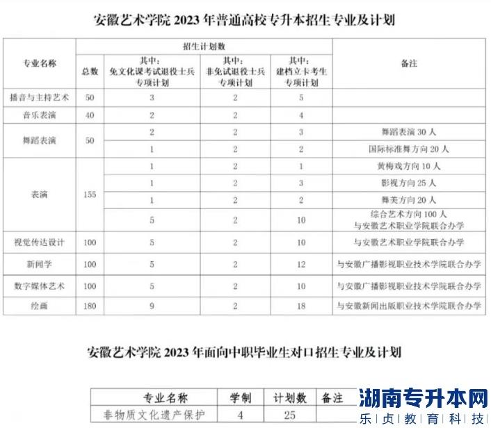 安徽艺术学院2023年专升本和对口本科招生计划公布(图2)