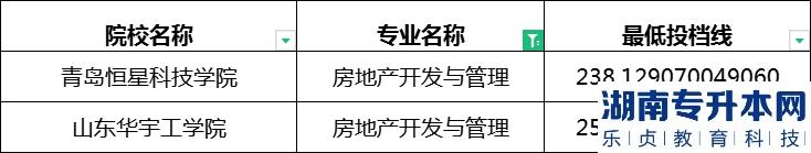 2023年山东专升本房地产开发与管理专业最低投档分数线