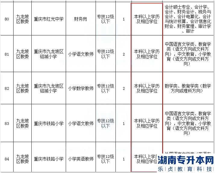 重庆某些小学招聘教师学历要求