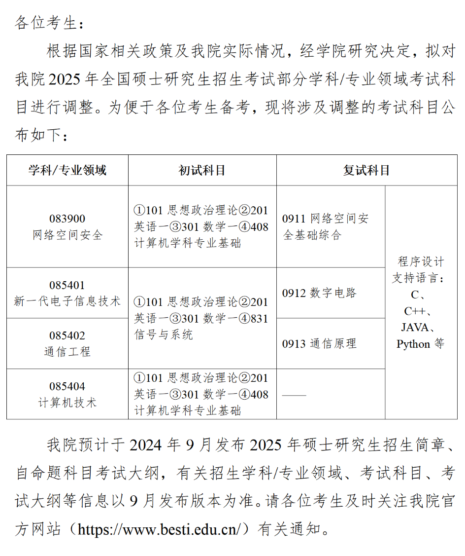 北京电子科技学院2025年硕士研究生招生考试科目调整(图1)