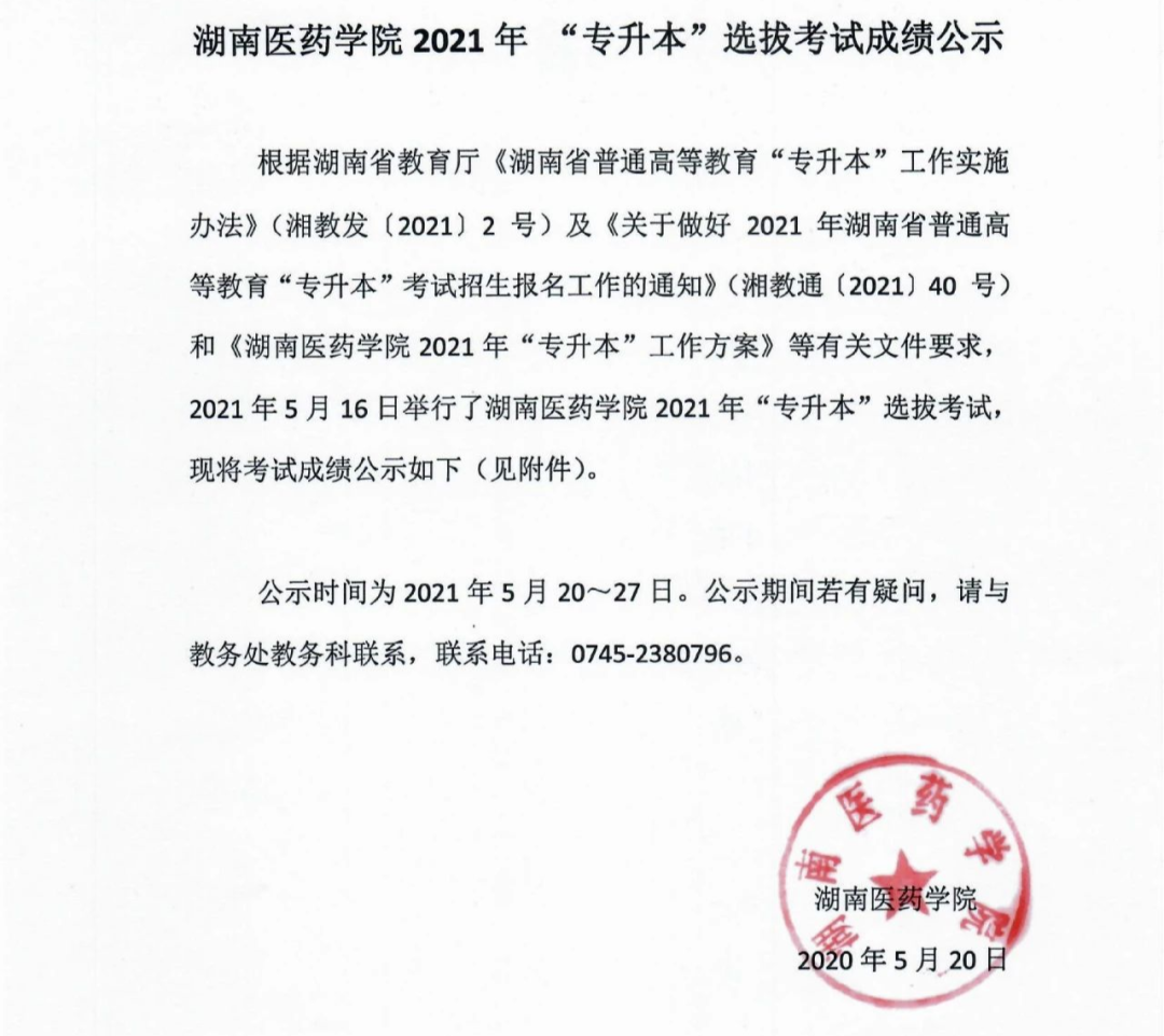 湖南医药学院2021年“专升本”考试成绩公示(图1)